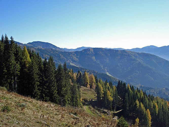 39 Blick Richtung Osten zu Hochschlag und Plankogel, Sommeralm